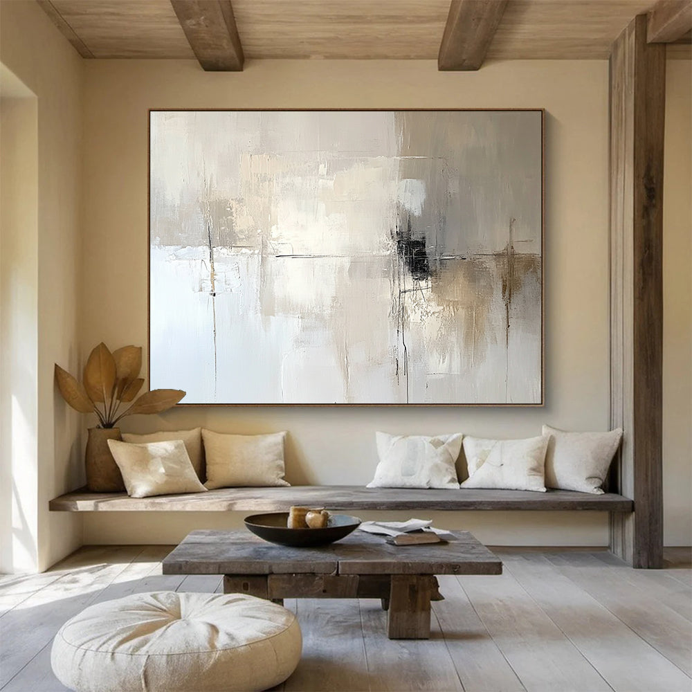 Large abstract painting in soft tones features a neutral color palette against a calming background, perfect for enhancing any space with artistic elegance.SC291