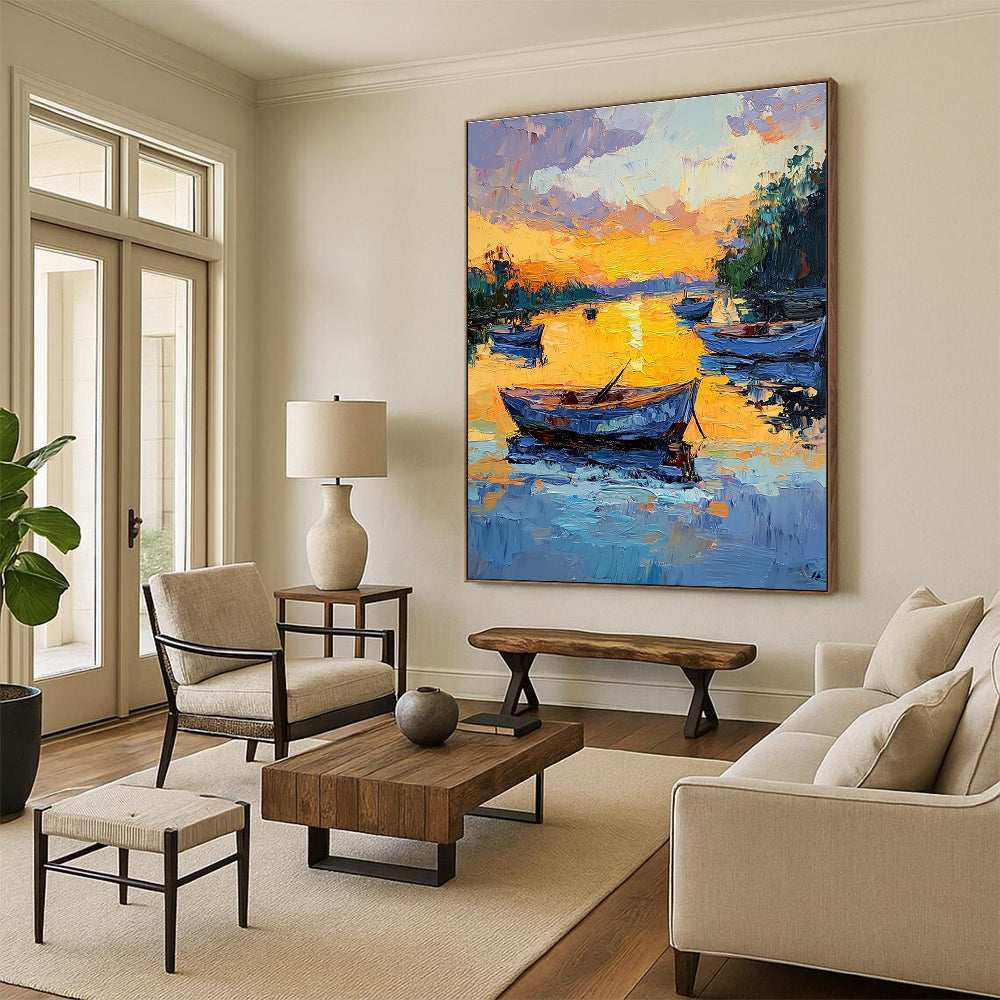 Large abstract painting featuring boats at sunset with rich colors and expressive brushstrokes capturing serene reflections on calm water.STSC1389