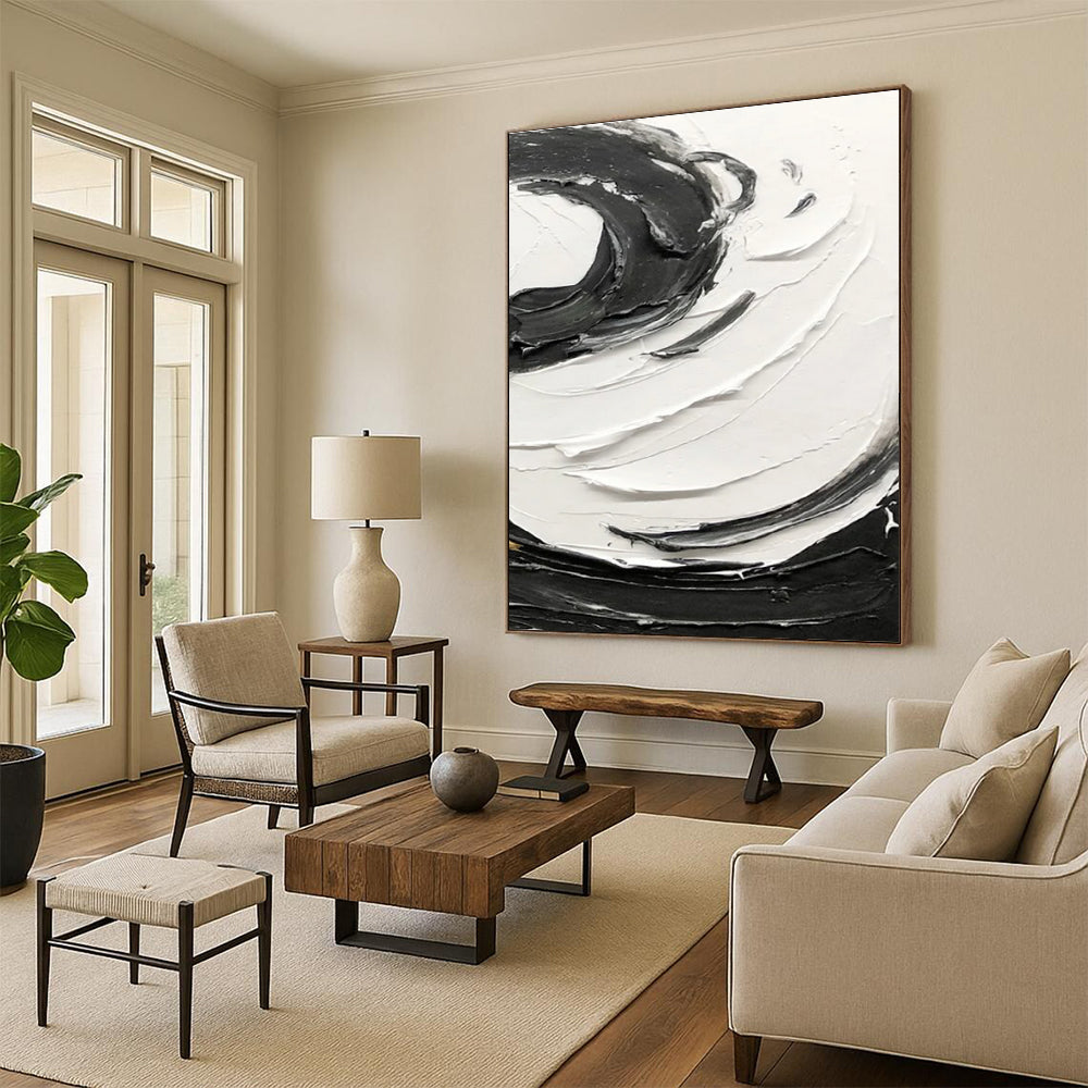 Black and White Textured Swirl Abstract Painting ADGE380