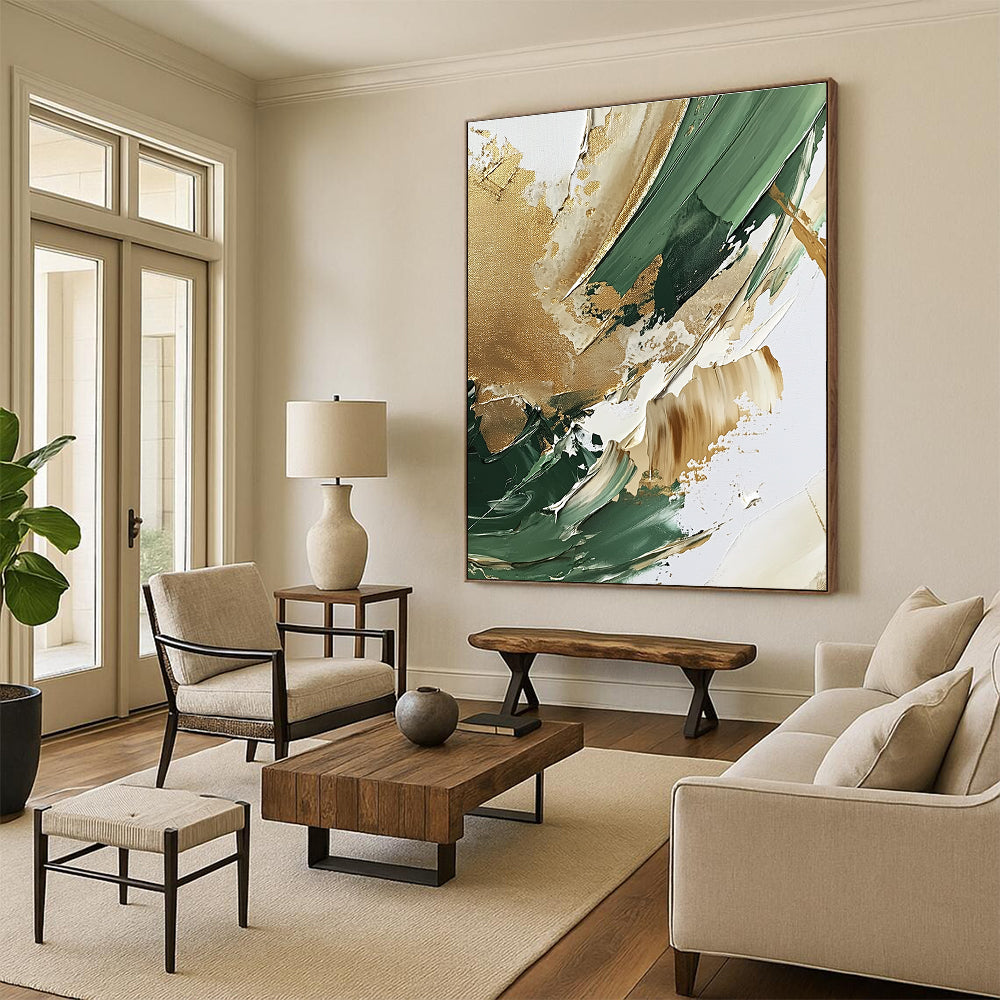 Green Gold and Beige Abstract Painting with Thick Textures GER647