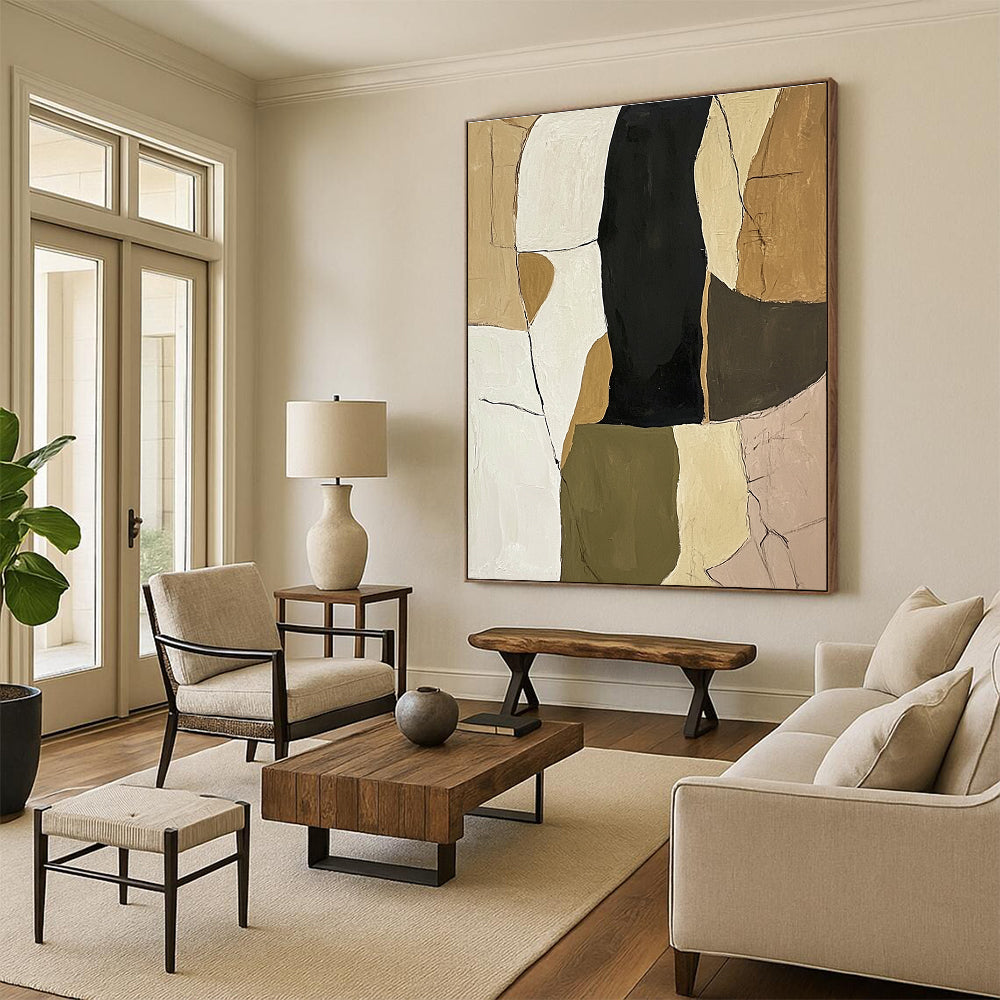 Large abstract painting in neutral tones of olive green beige and black on white background featuring organic shapes and textured lines for depth.STSC781