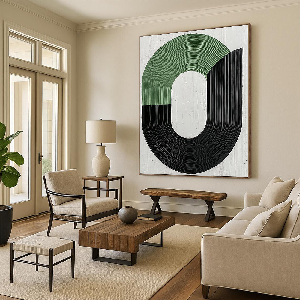 Large abstract painting featuring elegant black and green curved lines on a pure white background conveying calmness and movement ideal for wall decoration.STSC1141