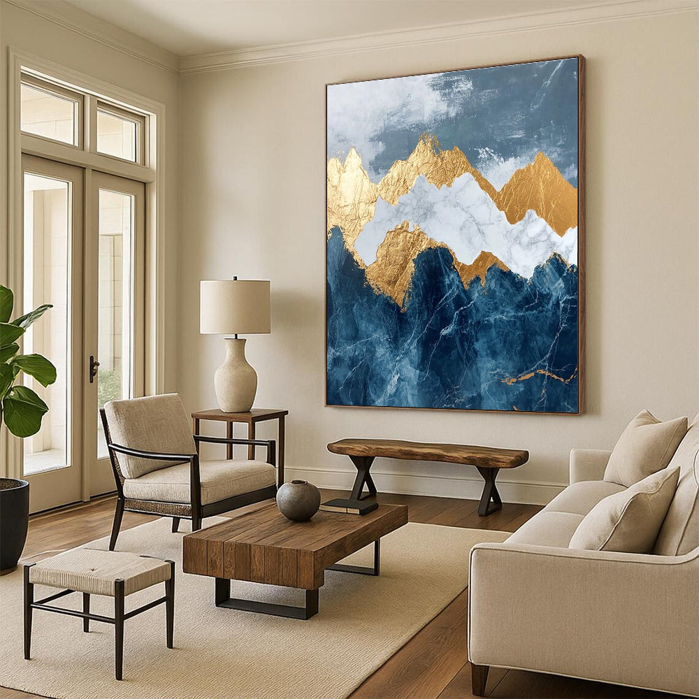 Abstract marble and gold leaf painting of mountains in dark blue and white features intricate details with stunning golden accents.STSC122