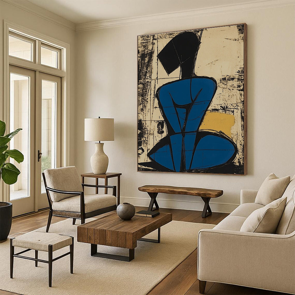 Abstract painting featuring a blue-bodied figure with simplified lines and short hair sitting on her knees against a vibrant background.STSC984