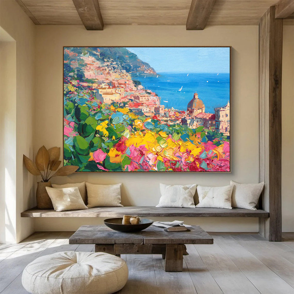 Pink Yellow Blue Hillside Coastal Town Painting THY488