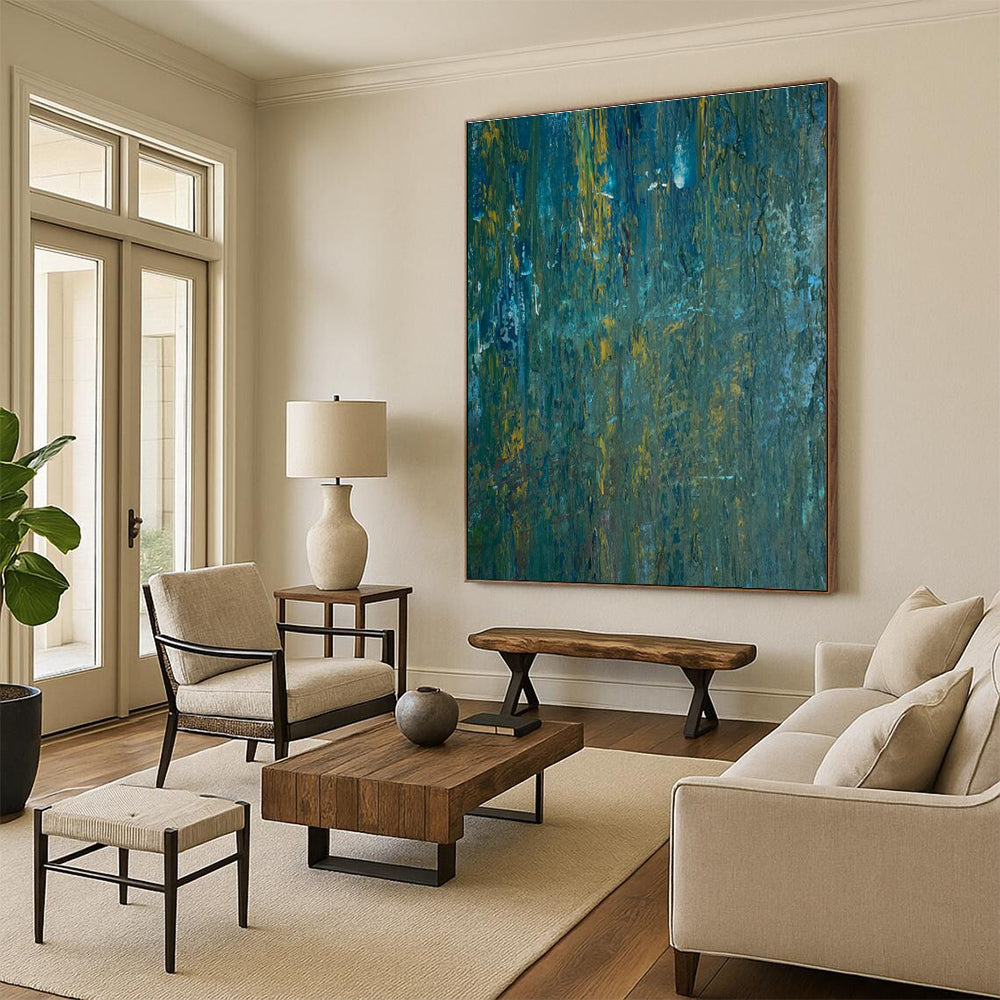 Teal - Yellow Textured Abstract Painting with Vertical Brushstrokes ADGE461