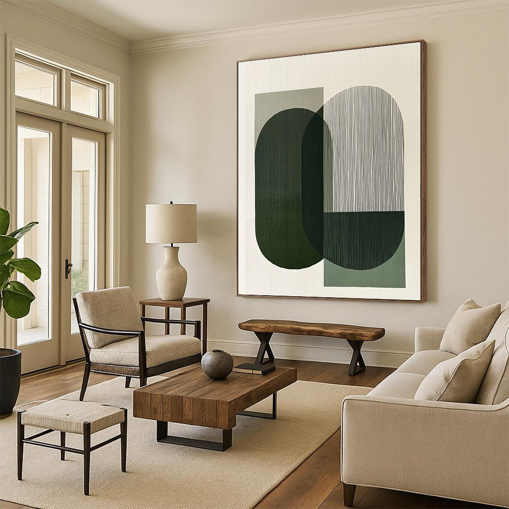 A large abstract painting features overlapping green and gray shapes evoking calmness and balance through minimalist design and clean lines.STSC1178