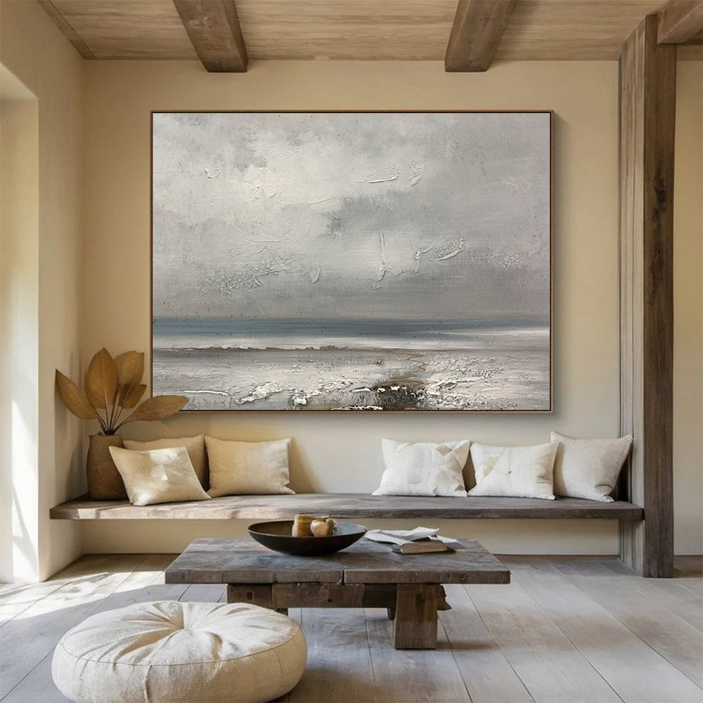 Grey Coastal Landscape Abstract Painting with Textured Layers THY267