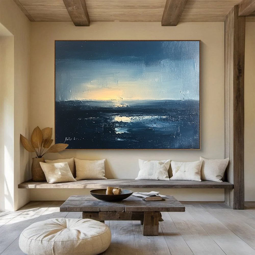 Large abstract landscape oil painting of a night sea with blue gray and black hues featuring soft light and detailed brushstrokes.SC068