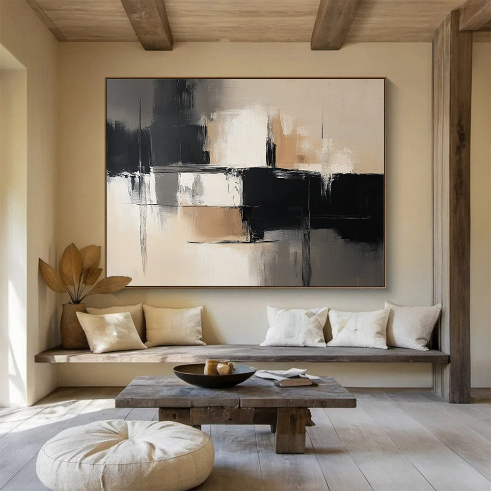 Abstract painting in black and white tones with beige accents showcasing simple lines, brushstrokes, and textured layers for harmonious light and shadow contrast.SC229