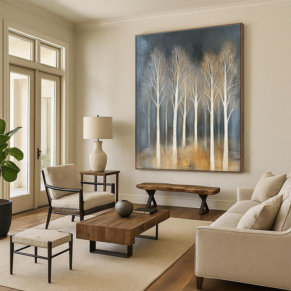 Large abstract painting featuring trees with white branches on a textured canvas in muted tones against a dark gray background.STSC353