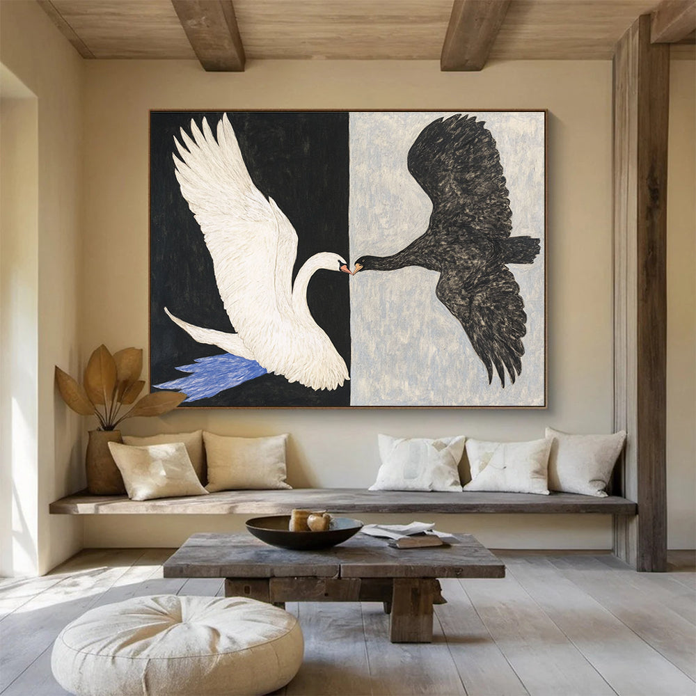 Large abstract painting of a swan and eagle in flight touching beaks on contrasting backgrounds of white and grey.SC558