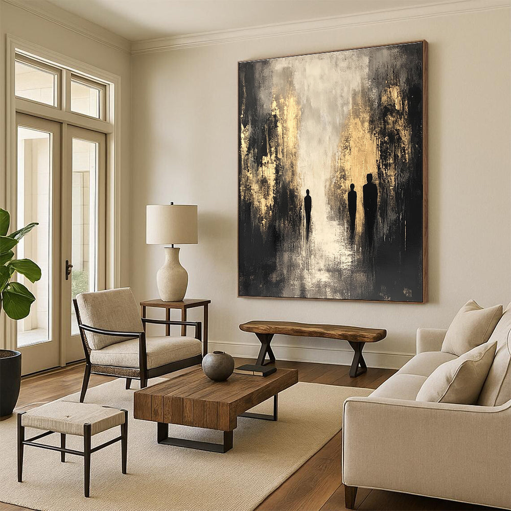 Large abstract painting featuring dark gray and beige tones with gold highlights and black silhouettes creating a shadowy cityscape in a contemplative mood.STSC371