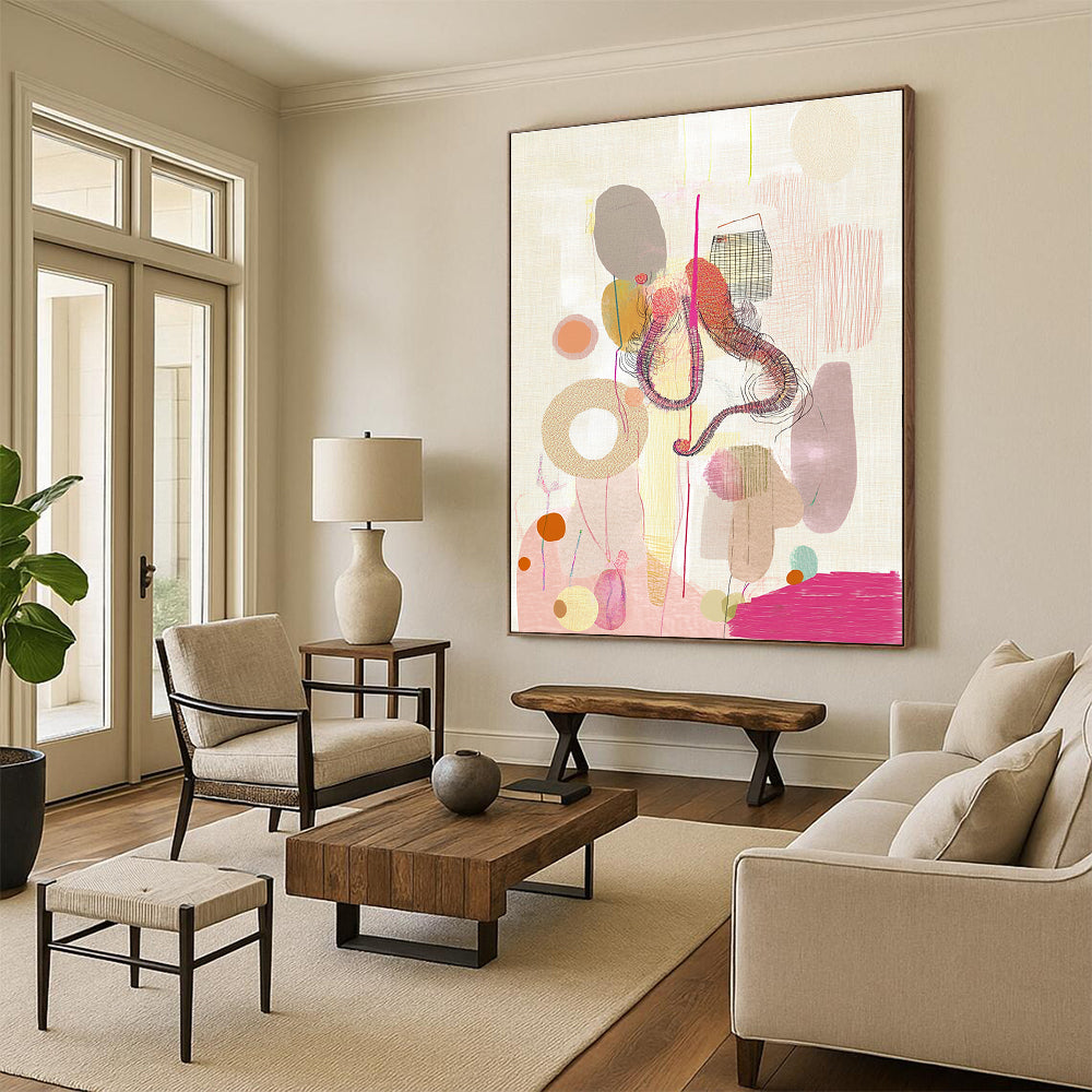 Abstract painting featuring shapes and organic forms with a whimsical octopus figure climbing a geometric form amidst bubbles and pink stripes.STSC841