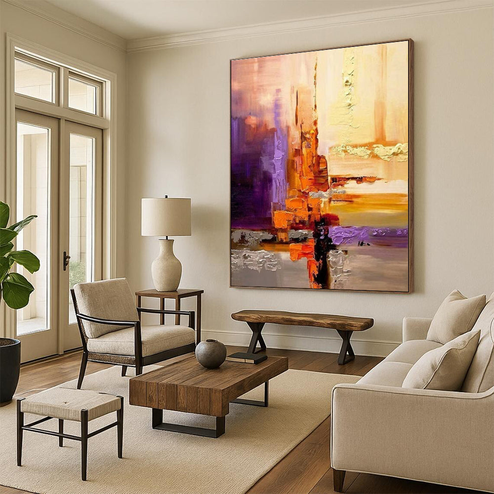 Purple and Orange Abstract Painting with Geometric Shapes ADGE278