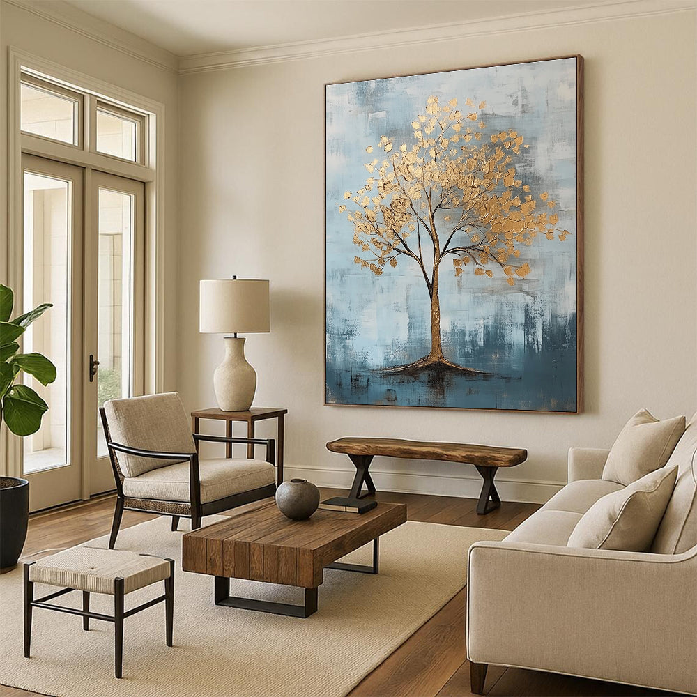 Abstract artwork featuring gold leaf accents against a cool gray and light blue backdrop with textured brush strokes.STSC838