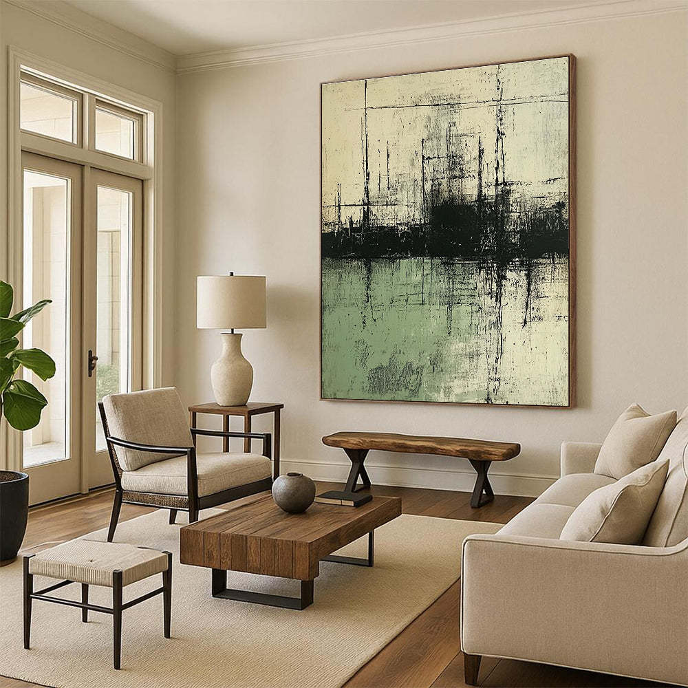 Large abstract painting featuring neutral tones of green and gray with water elements inspired by multiple renowned artists.STSC139