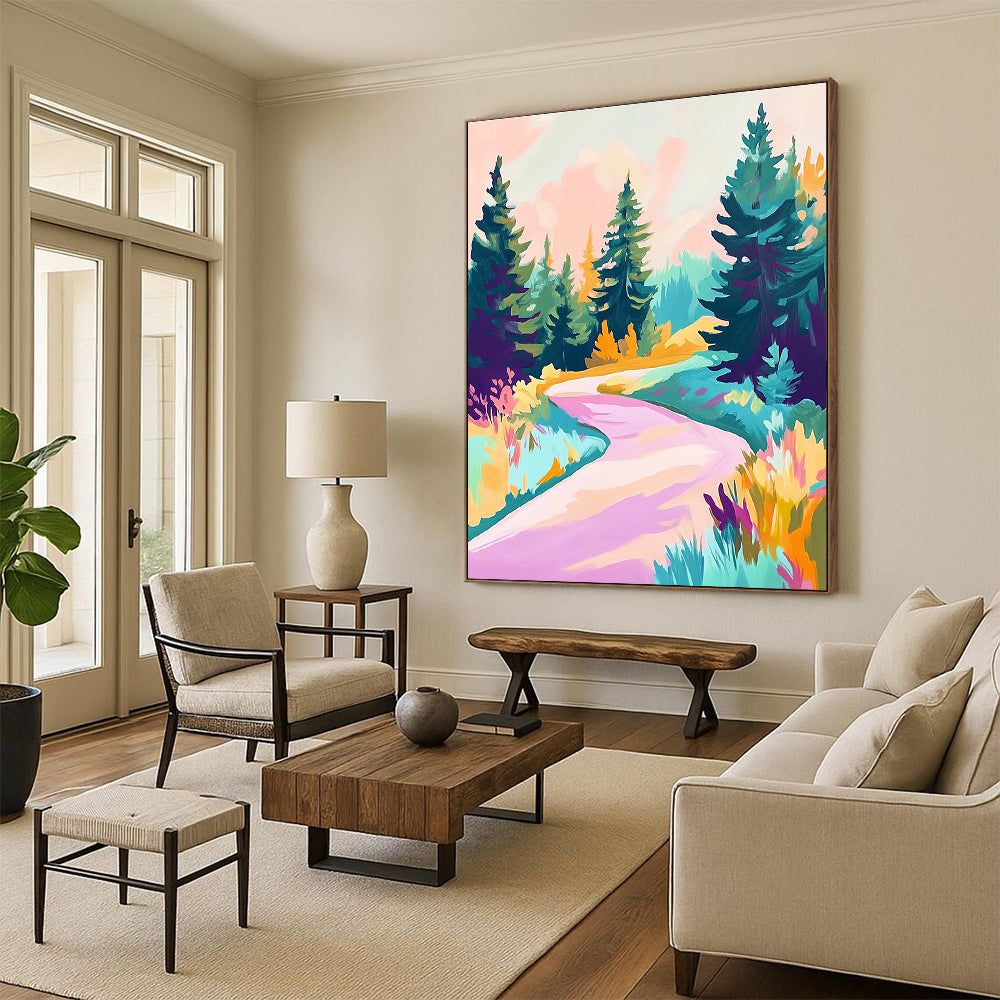 Abstract painting featuring an alpine road with pine trees in shades of teal purple pink and yellow using a soft-focus acrylic technique.STSC1019