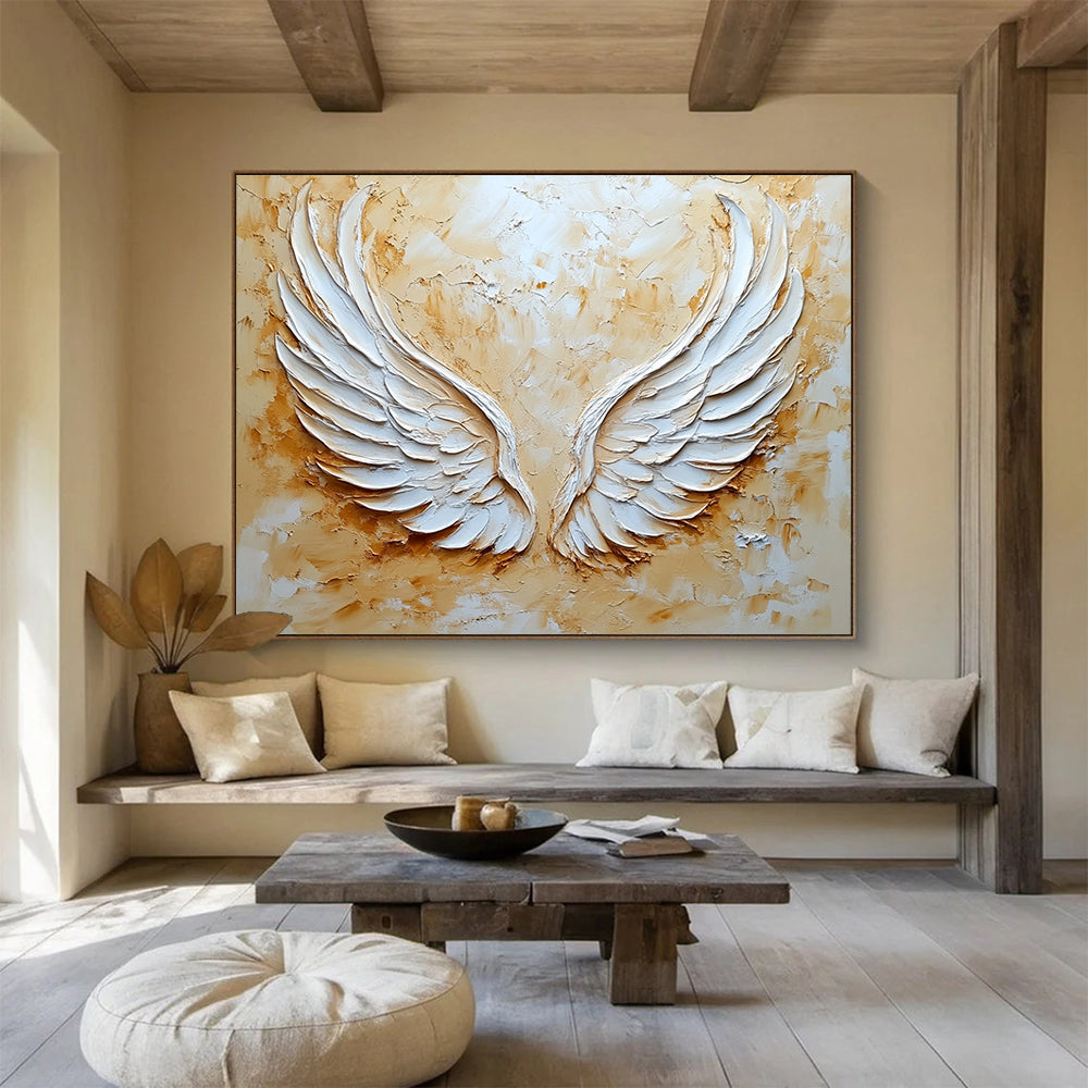 Textured Angel Wings Abstract Painting with Gold and White DYP165