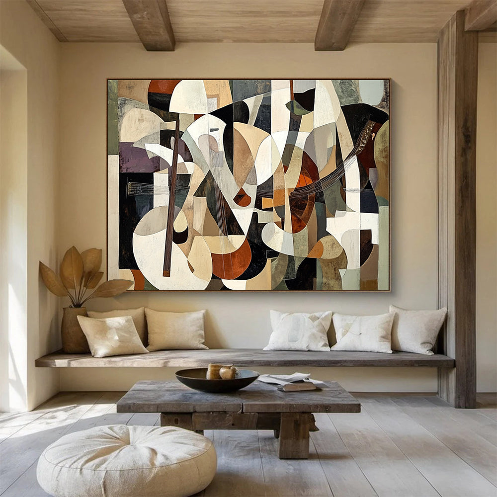 Large abstract painting featuring layered shapes in brown and beige with figures playing instruments in a cubist style, creating depth and illusion.SC395