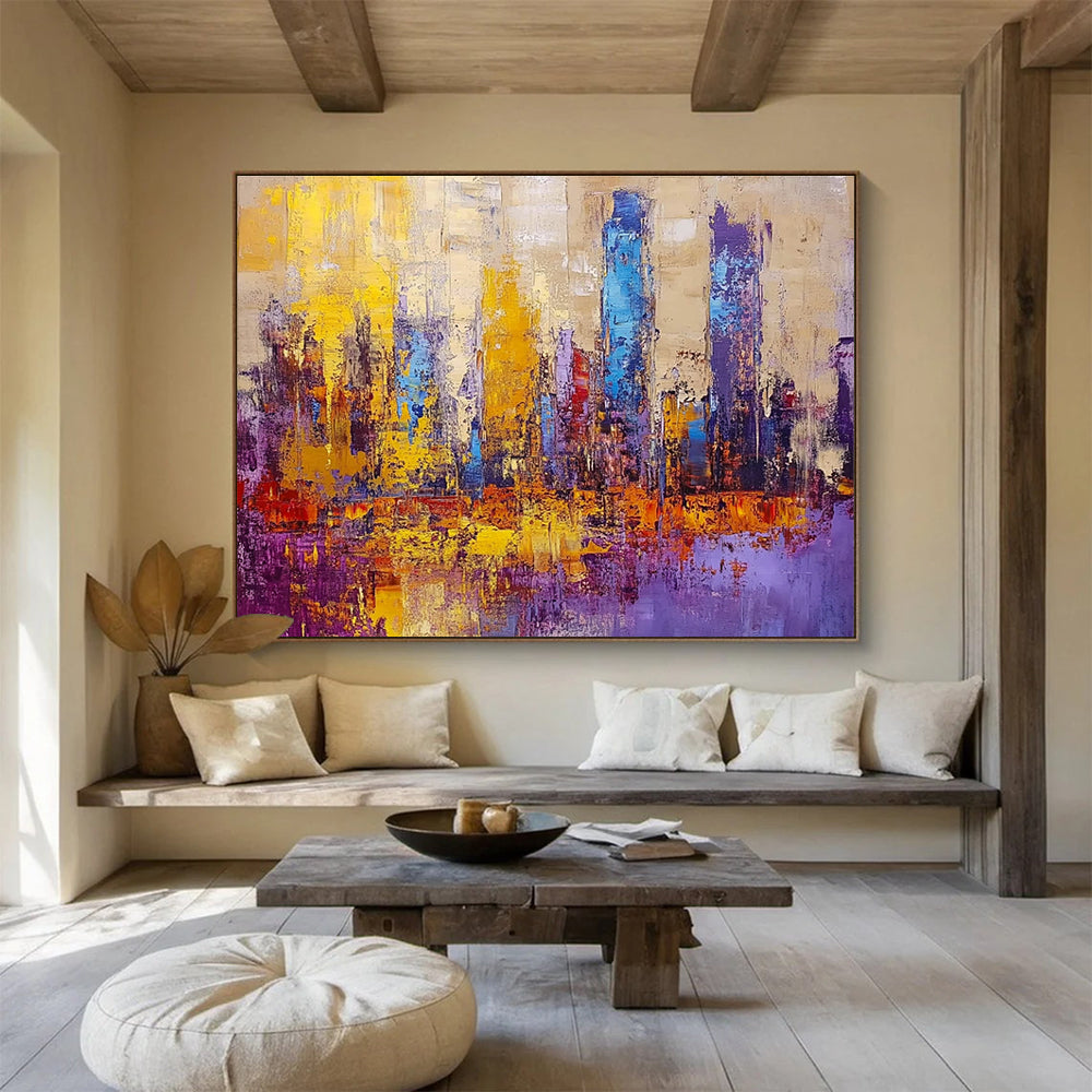 Colorful Cityscape Abstract Painting with Purple and Gold Accents DYP514