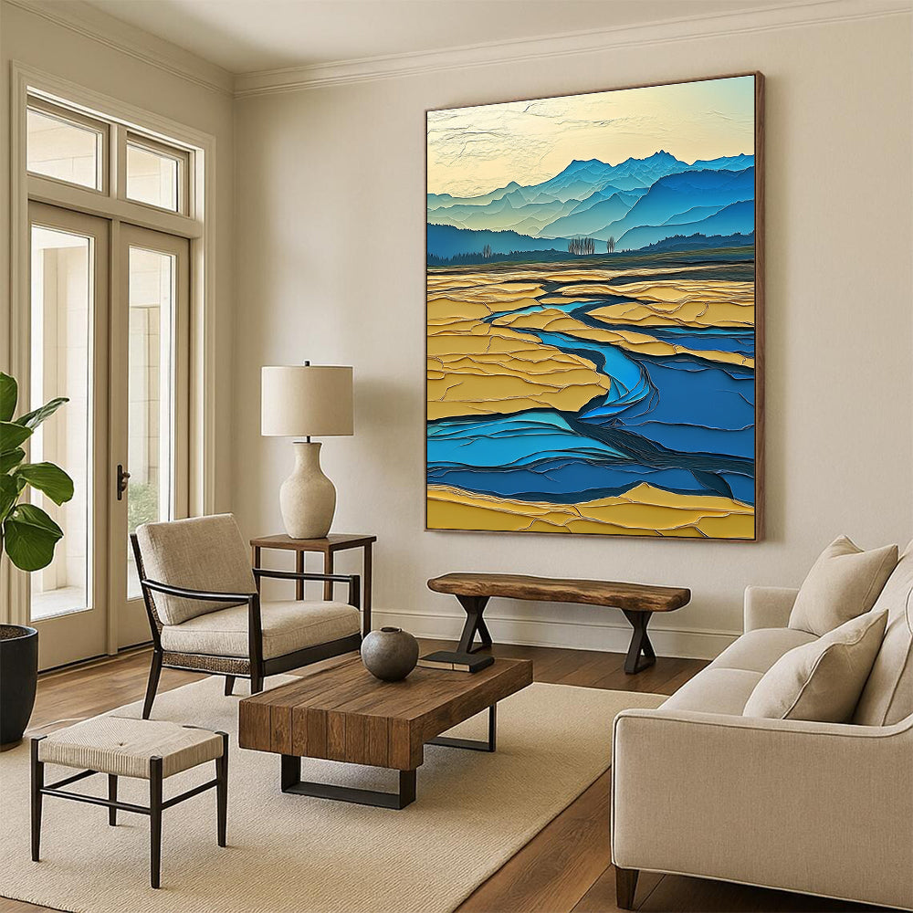 Large Abstract Painting Depicting A Surreal Winter Landscape With The Yellow River Distant Mountains And Vibrant Colors In A Layered Composition.STSC1438