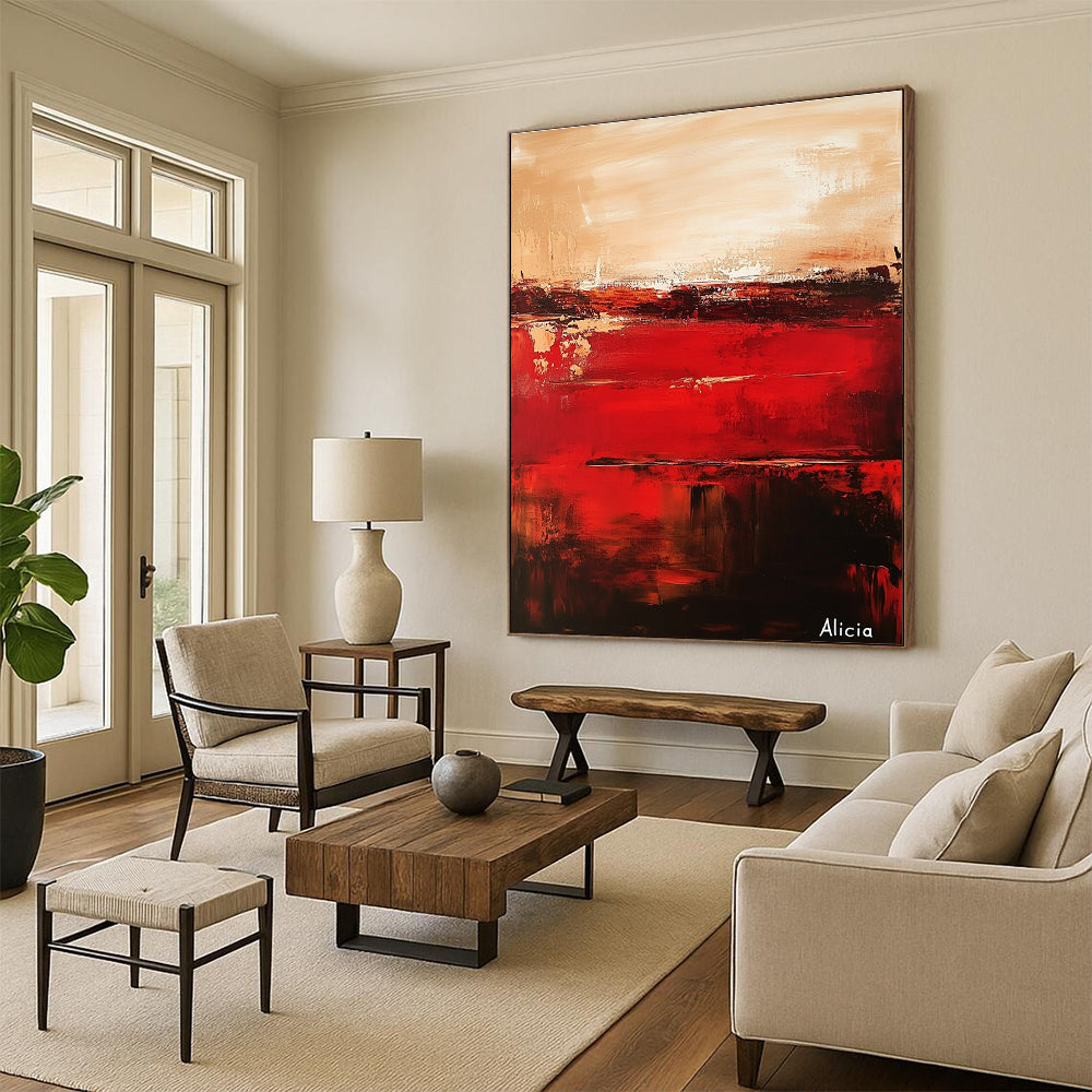 Large abstract painting of red and brown titled Alicia with deep burgundy and pale gold textures on a tranquil sunset-inspired backdrop.STSC690