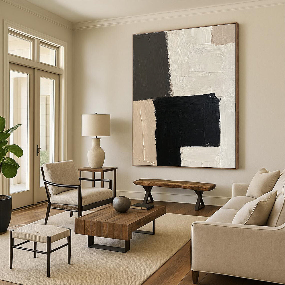 Black White and Beige Abstract Painting with Geometric Forms GER502