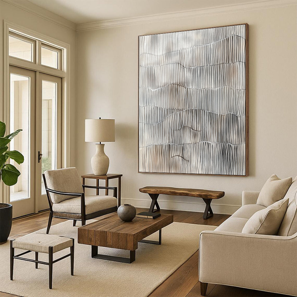 Gray and White Line Abstract Painting with Wavy Rhythms GER105