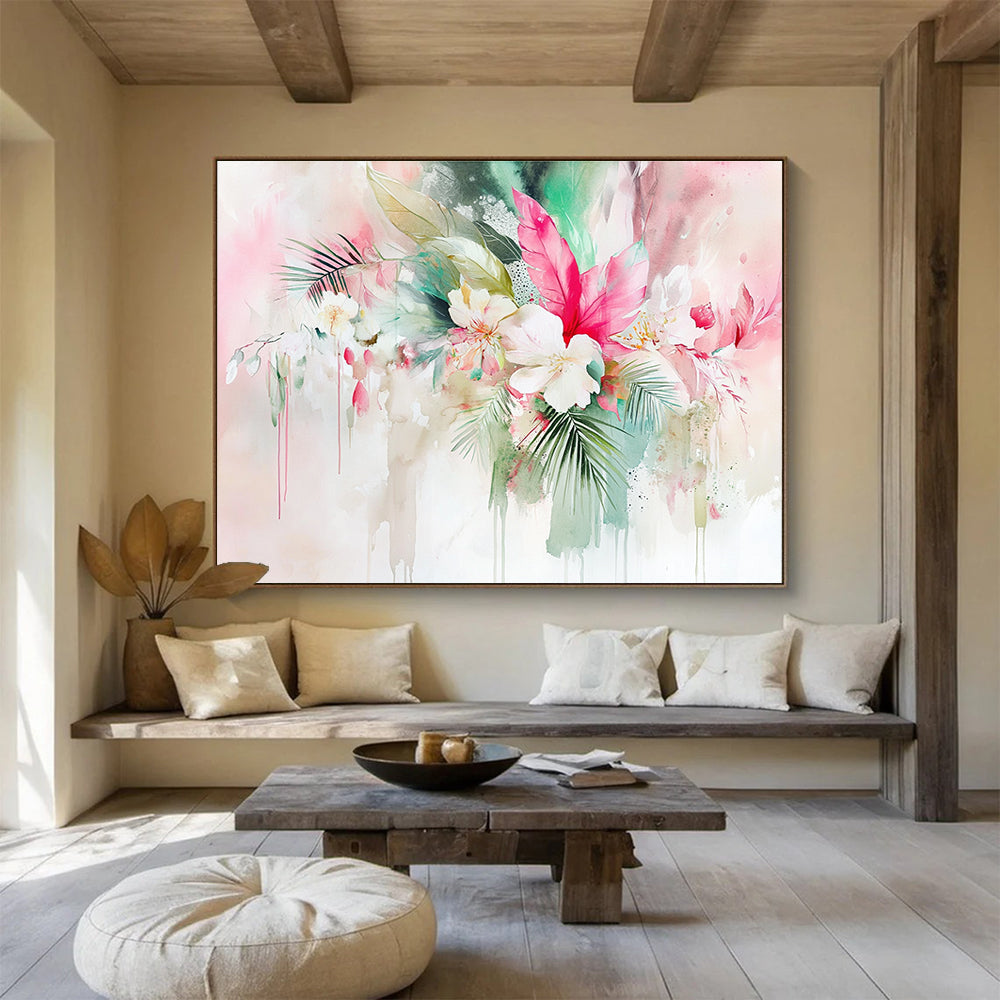 Abstract watercolor painting featuring tropical flowers and leaves with a pink sage green and white background showcasing soft edges and intricate details.SC290