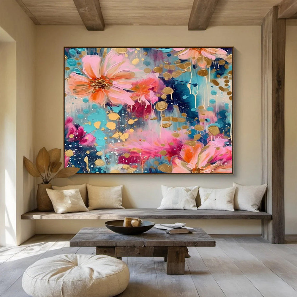 Floral Fantasy Abstract Painting with Pink, Blue, and Gold Accents THY289