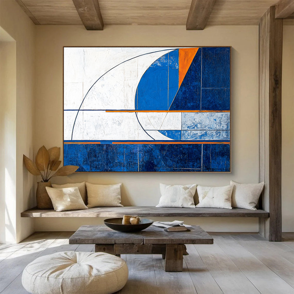 Large abstract painting featuring geometric shapes in blue and white with a modern minimalistic design and dynamic compositions.SC029