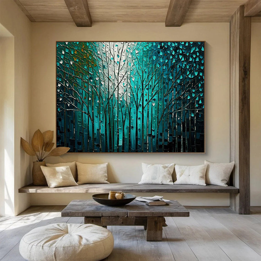 Teal Forest Abstract Painting with Intricate Tree Patterns THY311