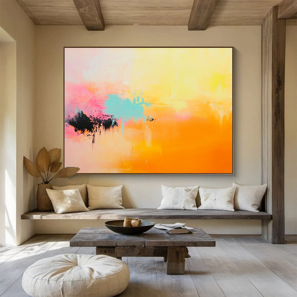 Large abstract painting featuring soft hues of light yellow, pink, orange, and turquoise for a serene and uplifting atmosphere.SC254