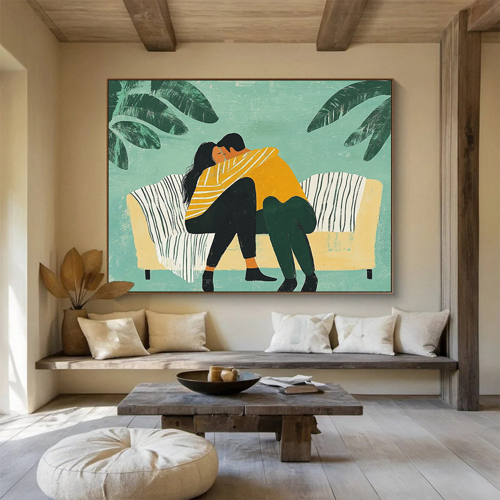 An abstract illustration of a couple embracing on a couch under a striped blanket surrounded by minimalistic plants in bold colors.SC400