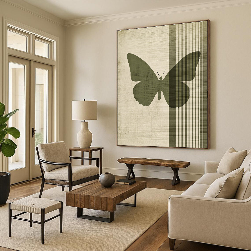 Abstract painting featuring a green butterfly on a beige background with vertical lines and vintage texture in muted colors.STSC1009