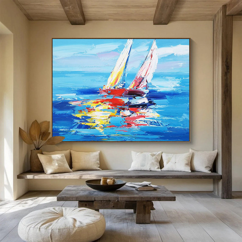 Colorful Sailboats Abstract Painting with Bold Blue and Vibrant Reflections THY268