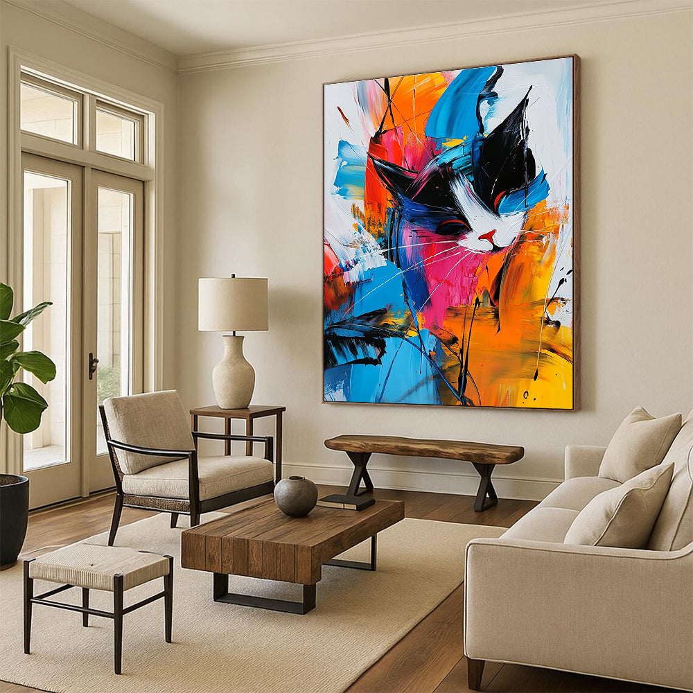 Large abstract painting featuring colorful shapes and lines with expressive brushwork and dynamic lighting on a white background with blue accents.STSC306