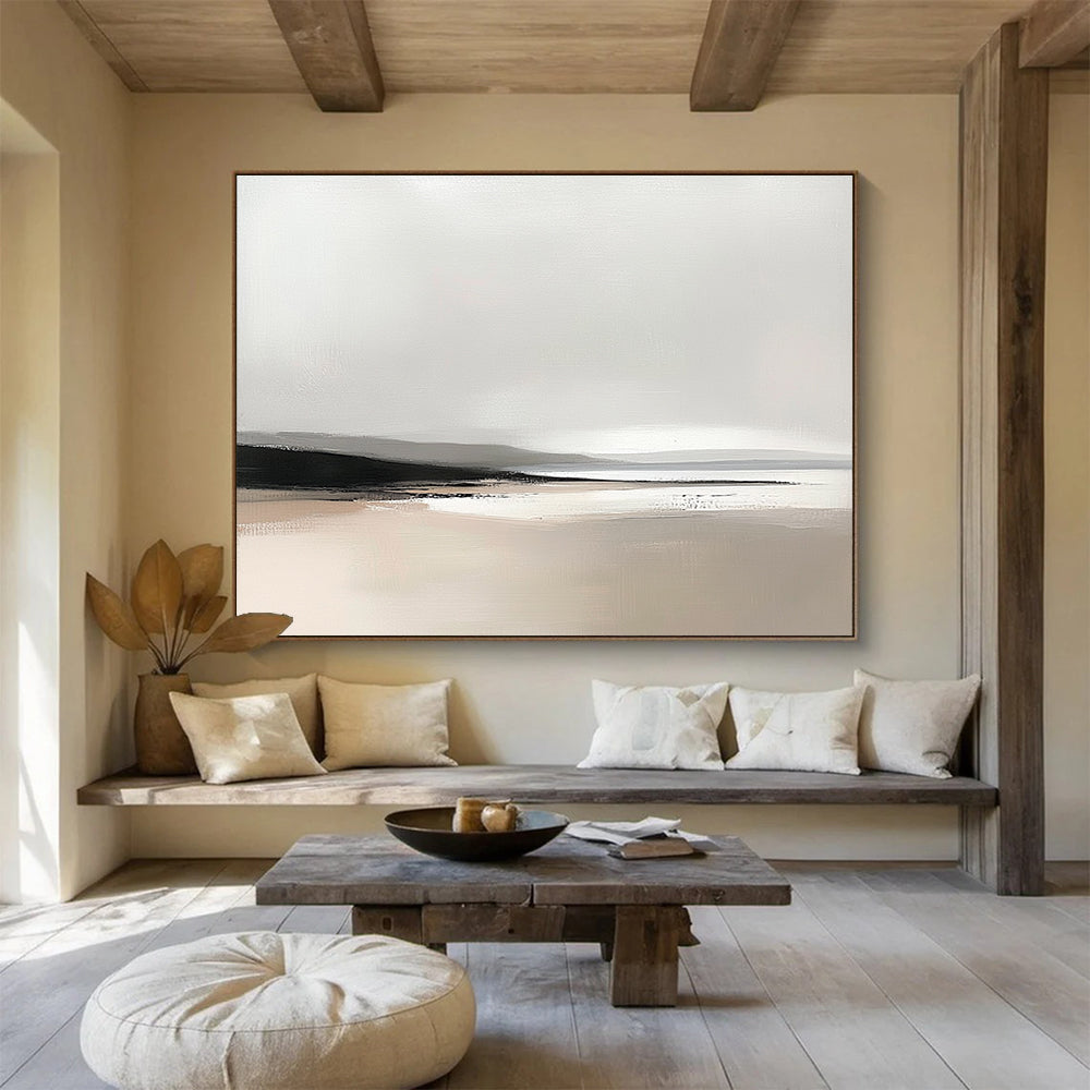 Large abstract oil painting featuring Scottish landscapes in soft greys and beiges with visible brush strokes highlighting a beach horizon.SC092