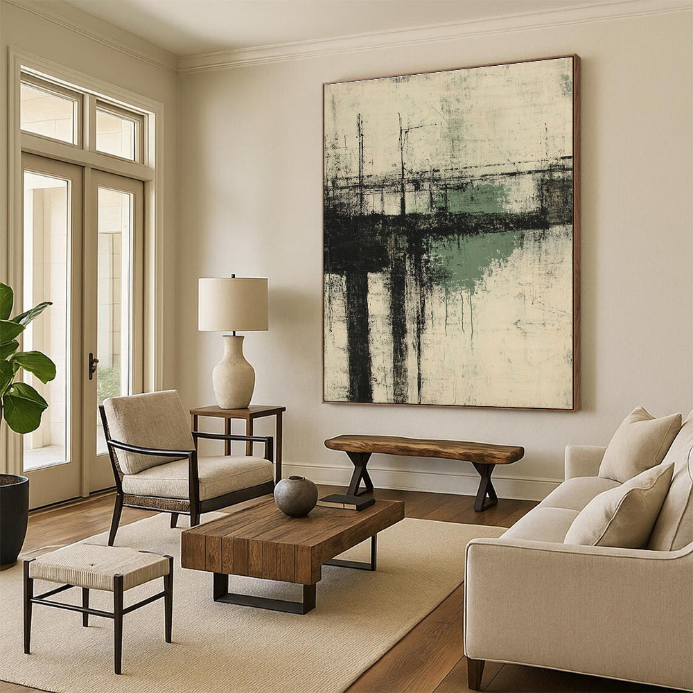 Large abstract painting of an old pier in neutral greens and grays capturing the essence of Kathryn Statsny's style.STSC658