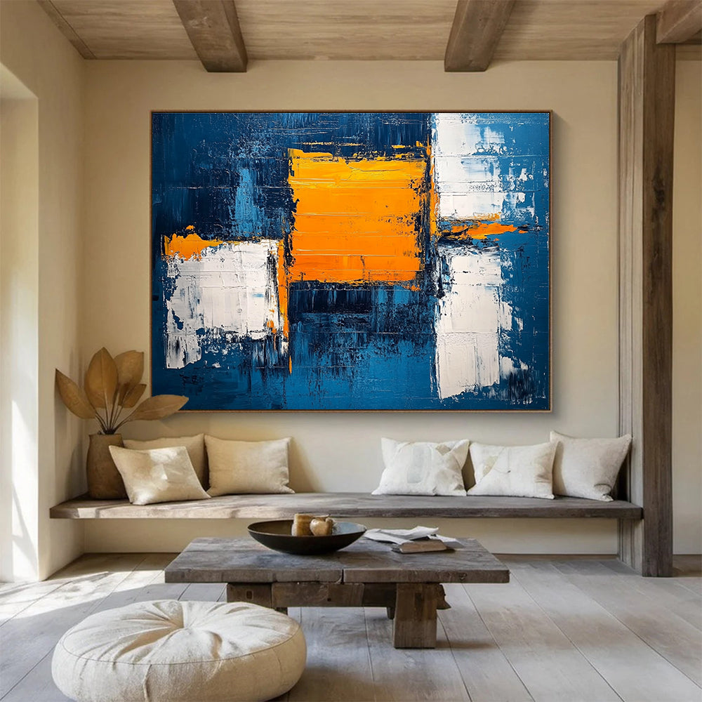 Blue and Orange Abstract Painting with Textured Color Blocks DYP382