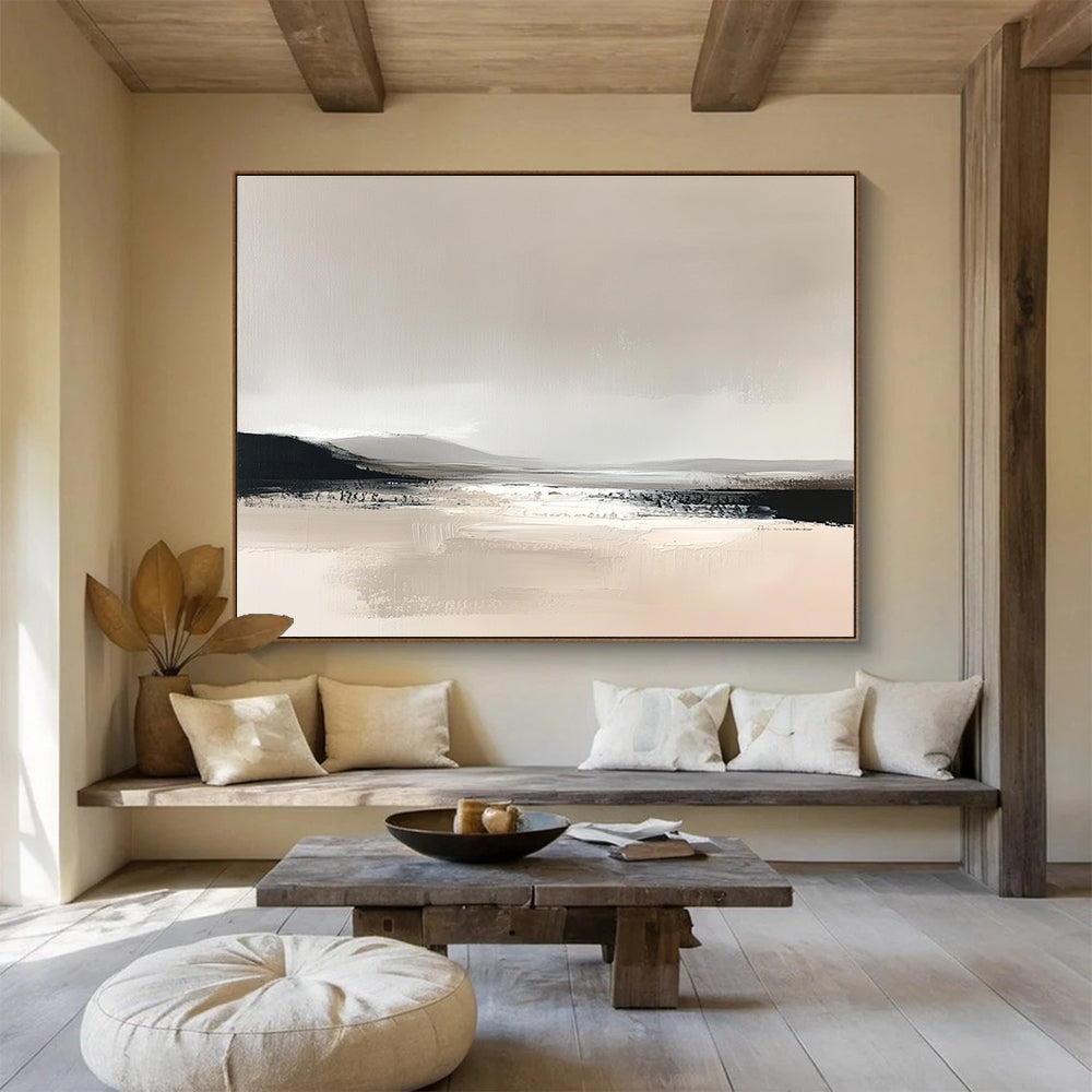 Monochromatic Minimalist Landscape Abstract Painting with Soft Neutrals DYP252