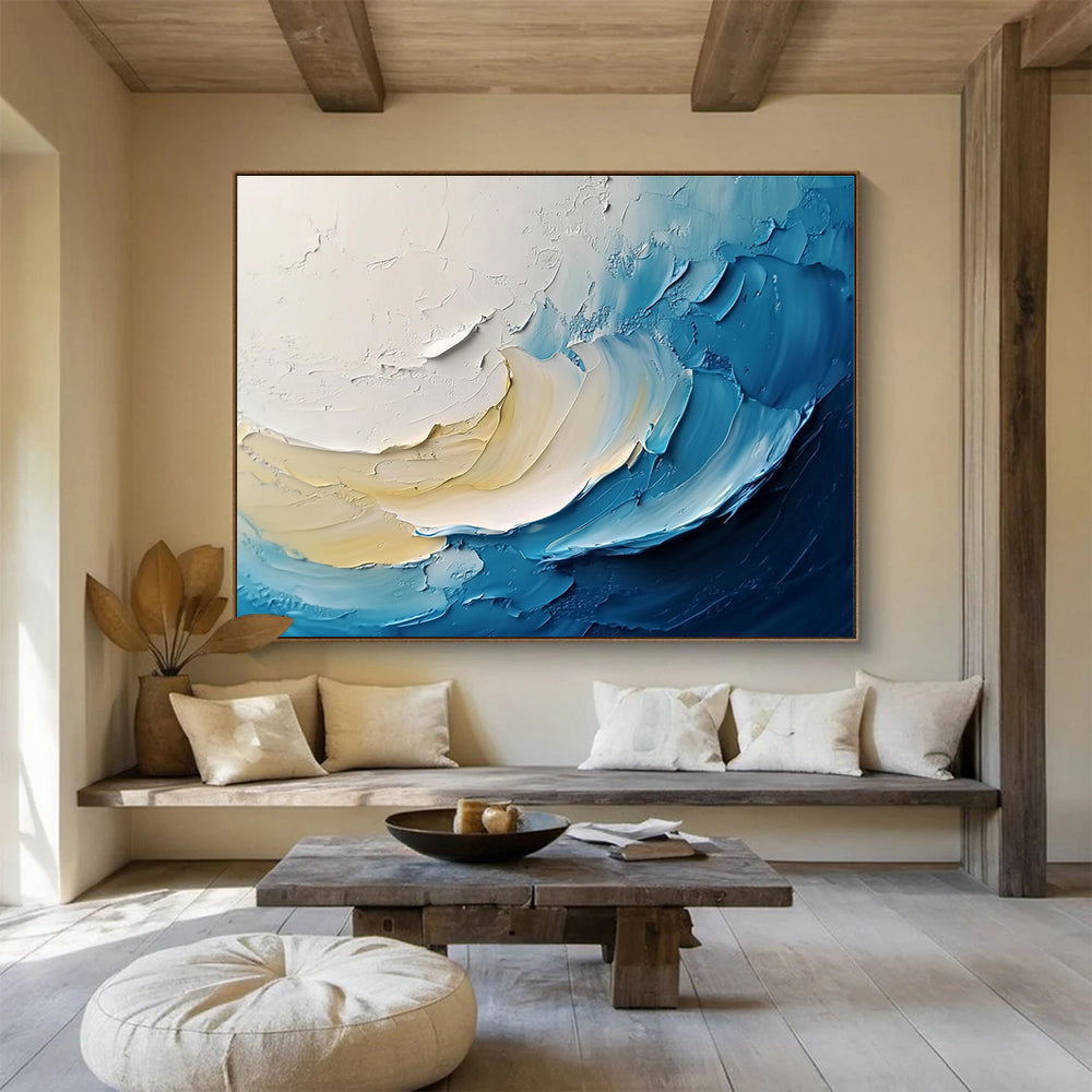 Textured Wave Abstract Painting with Blue and Beige Tones DYP526