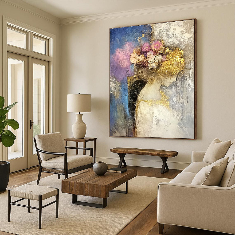 Large abstract oil painting featuring a moon with a golden circle in beige and gold tones with dripping gold leaf on a white background.STSC173