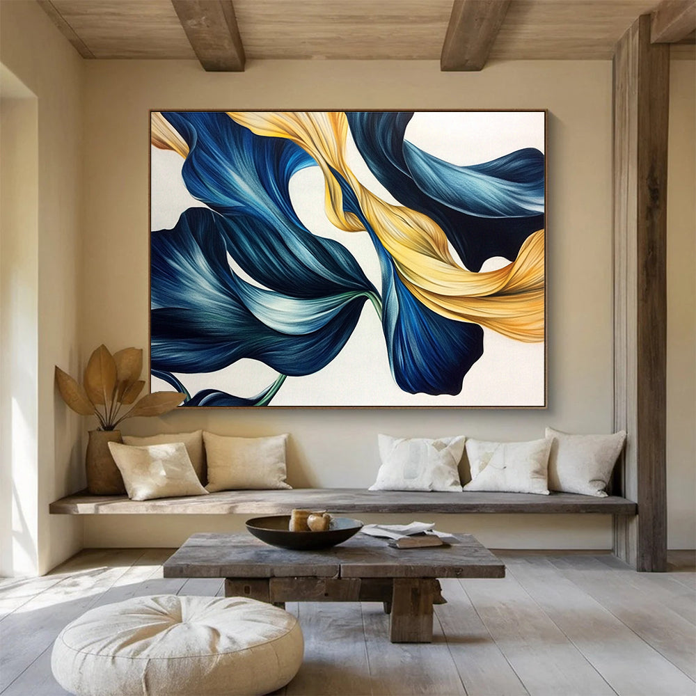 An abstract drawing of blue and gold tulip leaves with flowing lines in dark green and light gray on a white background.SC583