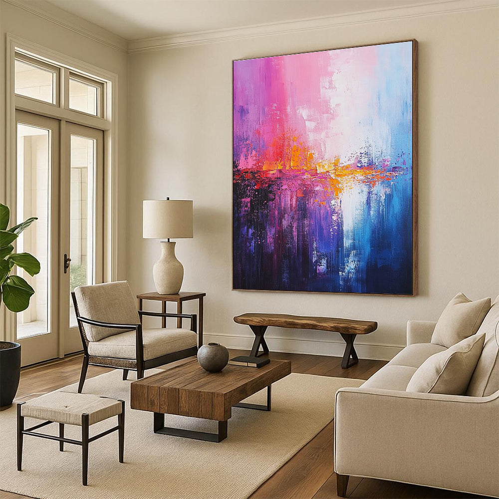 Large abstract painting of the sea featuring light pink dark blue and soft atmospheric effects in a dreamy impressionist style.STSC344