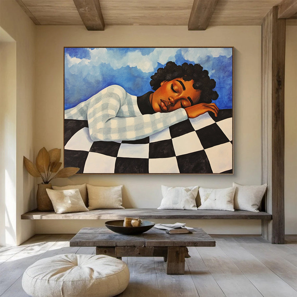 An abstract painting featuring an African American woman in a checkered sweater, resting against a blue sky with clouds, evoking a vintage 1970s style.SC402