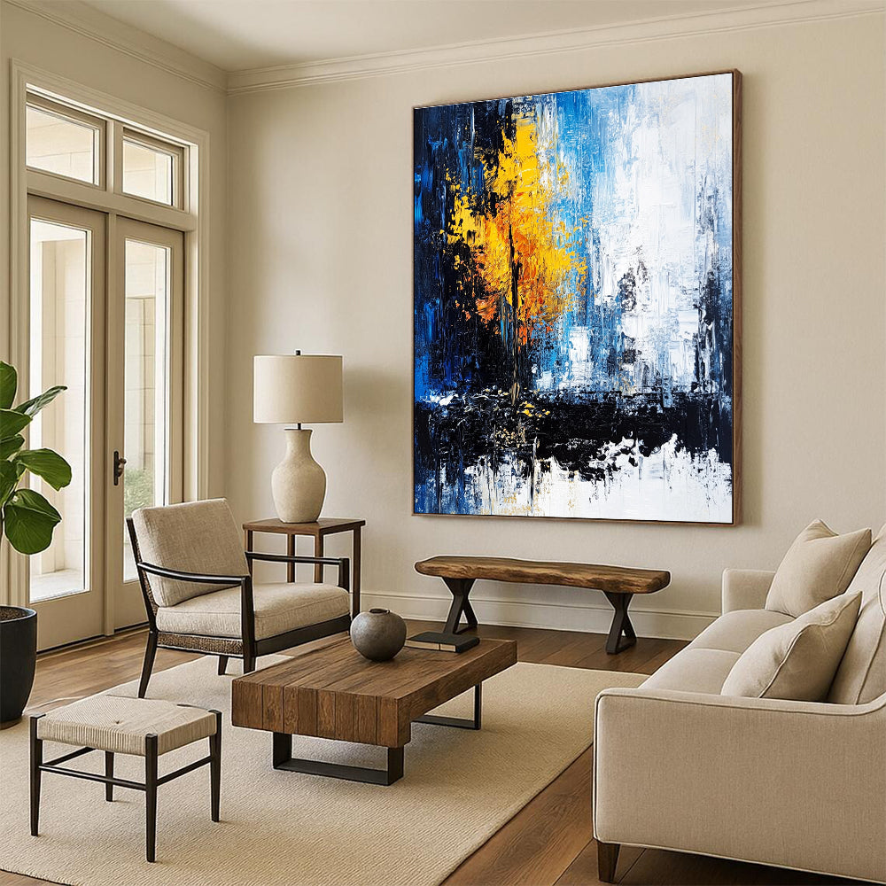Blue and Yellow Abstract Painting with a Symbolic Tree GER398