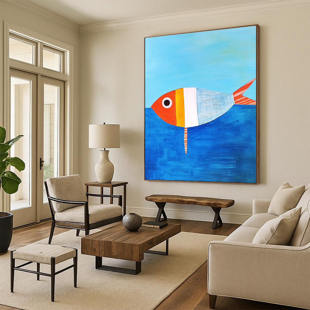 A large abstract painting featuring a simple paper fish in Matisse style against blue water with an orange and white striped tail.STSC1187