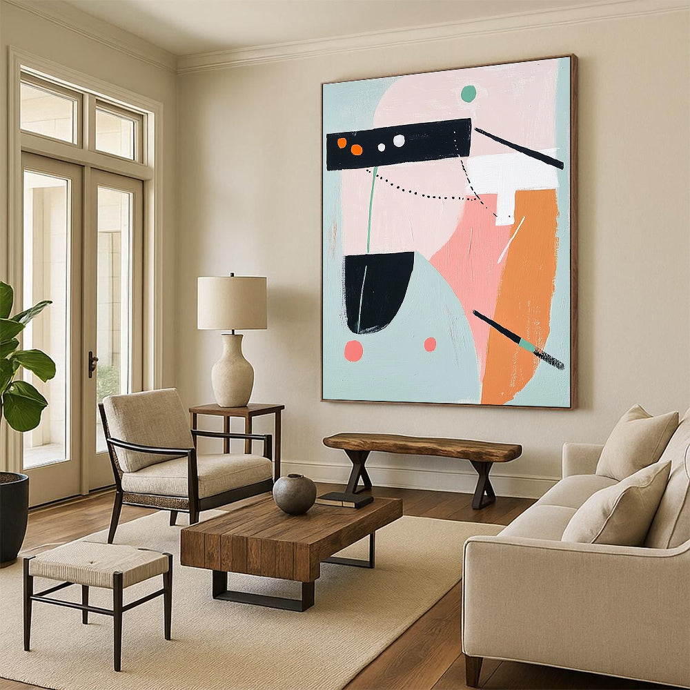 Abstract painting featuring bold shapes and lines in pink grey orange teal green and black and white evoking airplane elements with thick brush strokes.STSC691